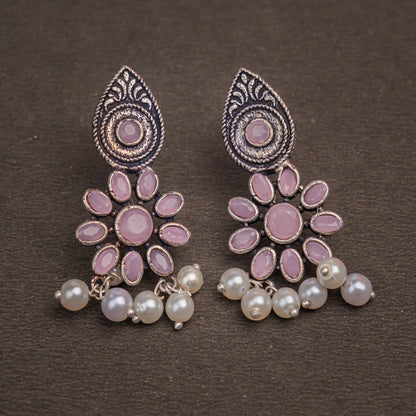 Baby Pink Stone Studded Oxidised Earrings With Hanging Pearls