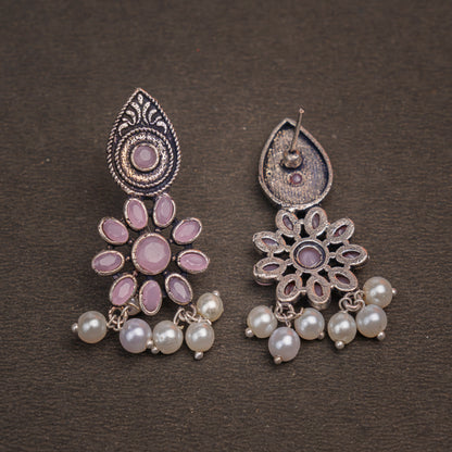 Baby Pink Stone Studded Oxidised Earrings With Hanging Pearls