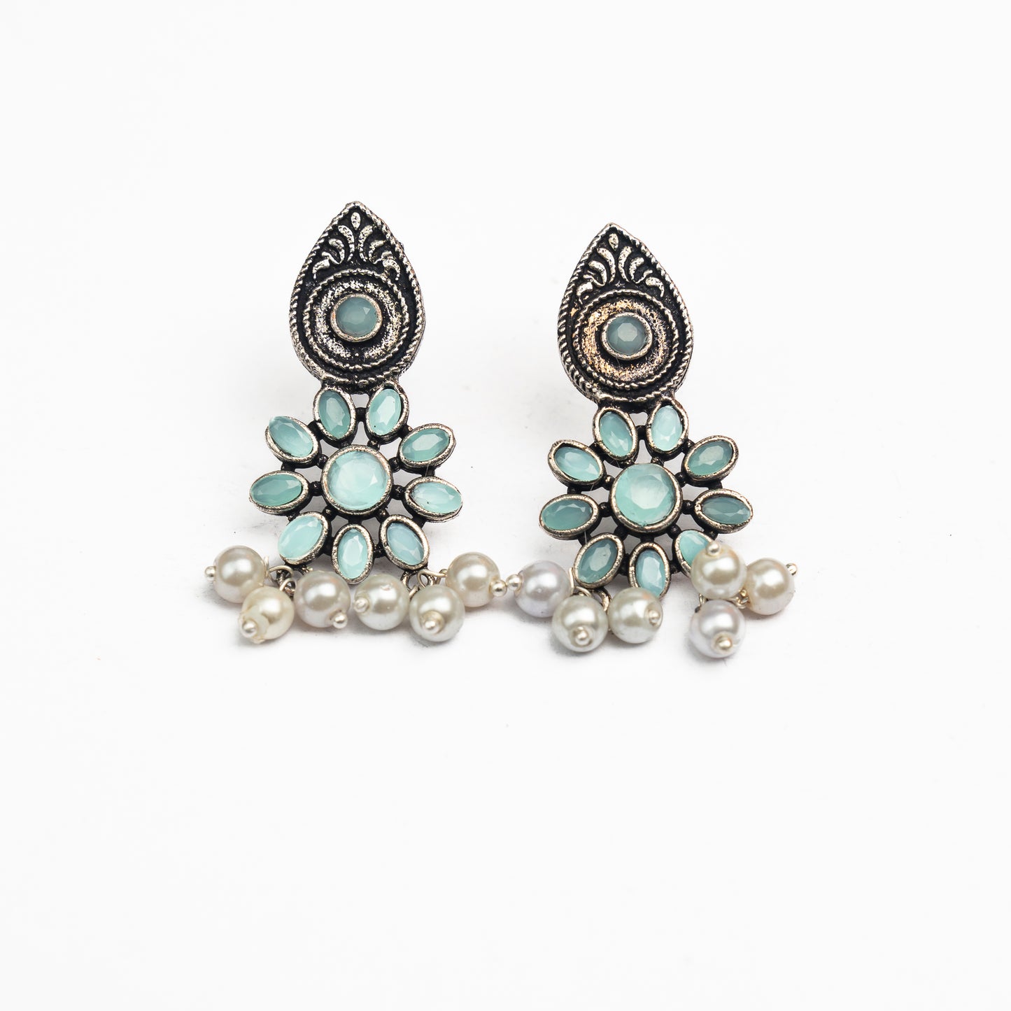 Mint Stone Studded Oxidised Earrings With Hanging Pearls