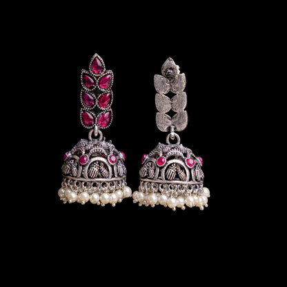 Red Stone Studded German Silver Danglers With Stone Embedded Brass Jhumki