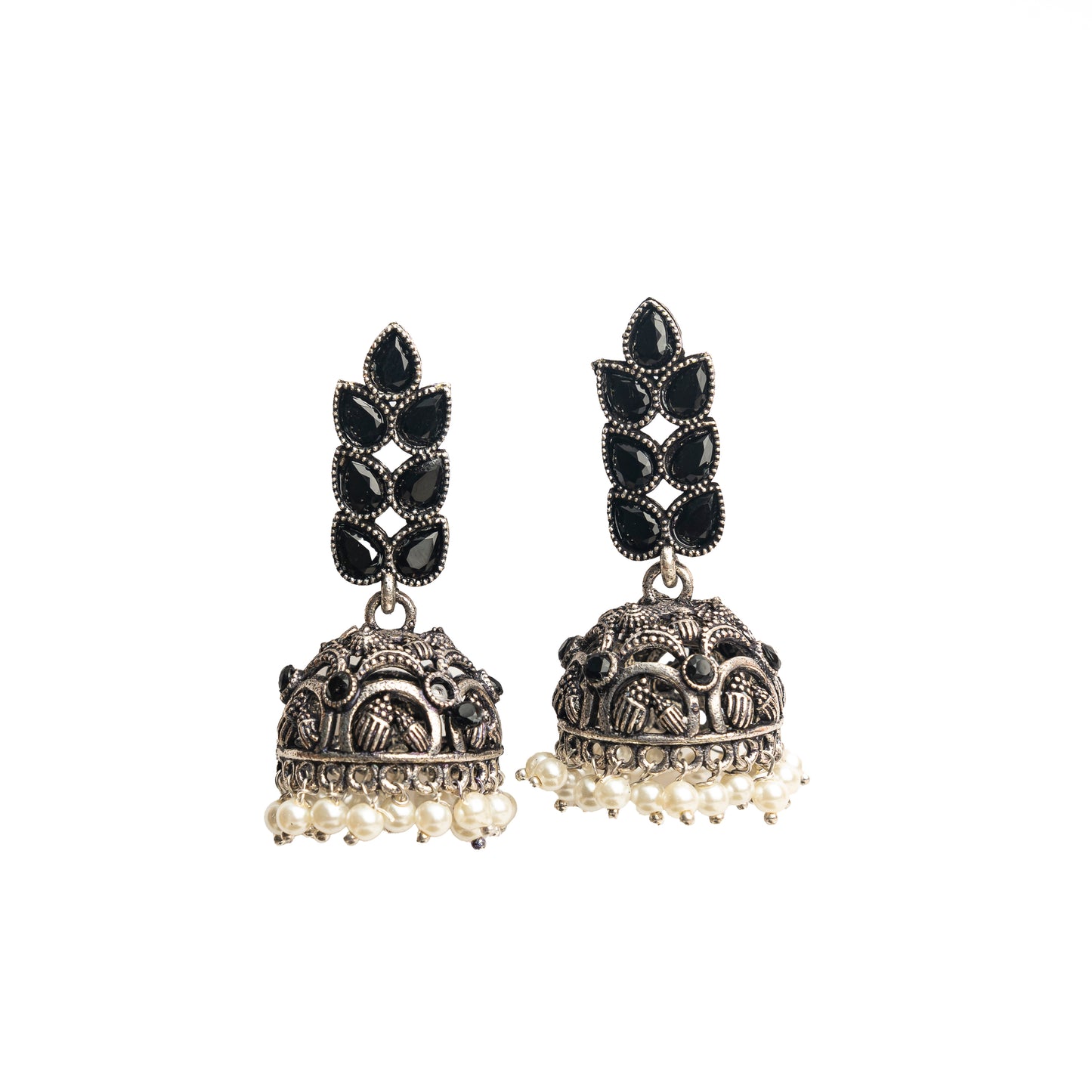 Black Stone Studded German Silver Danglers With Stone Embedded Brass Jhumki