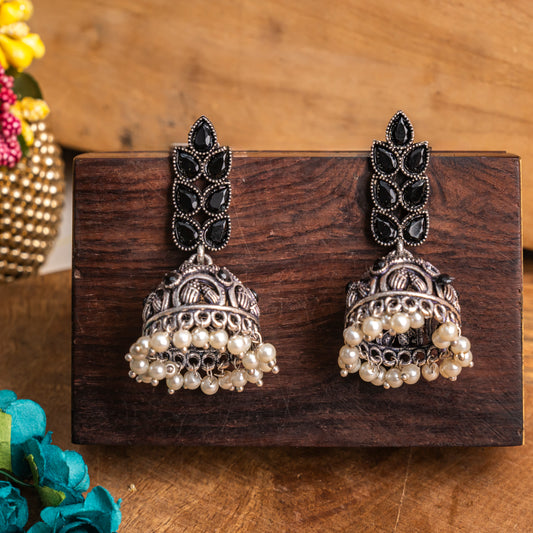 Black Stone Studded German Silver Danglers With Stone Embedded Brass Jhumki
