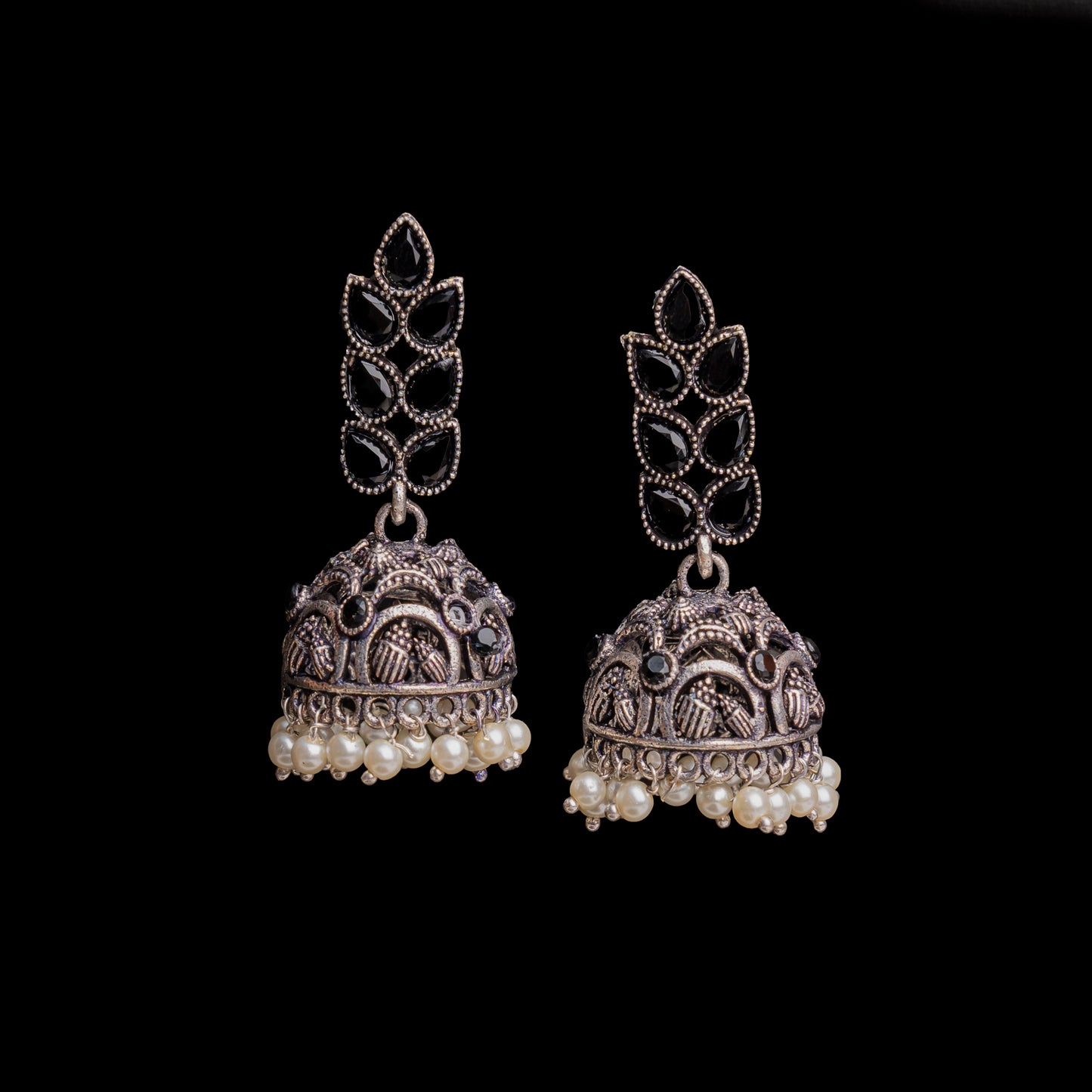 Black Stone Studded German Silver Danglers With Stone Embedded Brass Jhumki