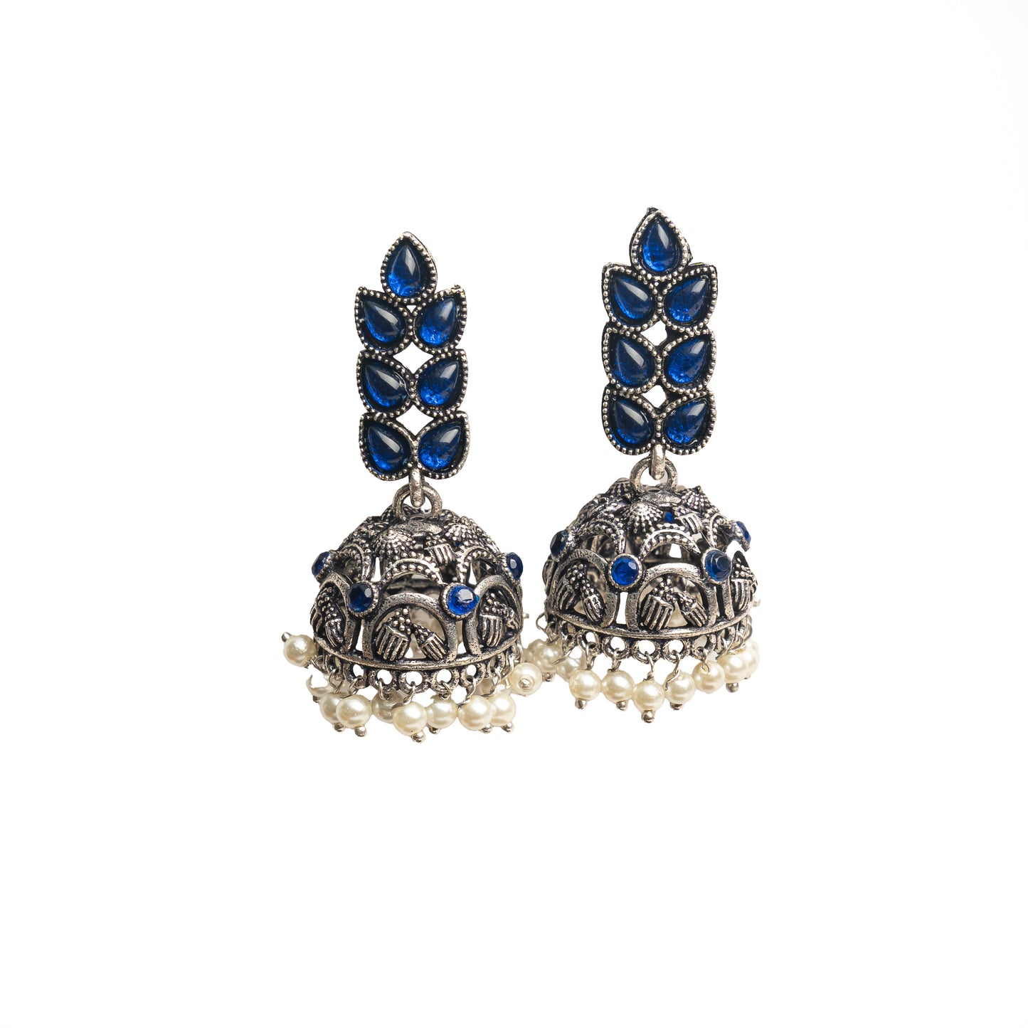 Blue Stone Studded German Silver Danglers With Stone Embedded Brass Jhumki