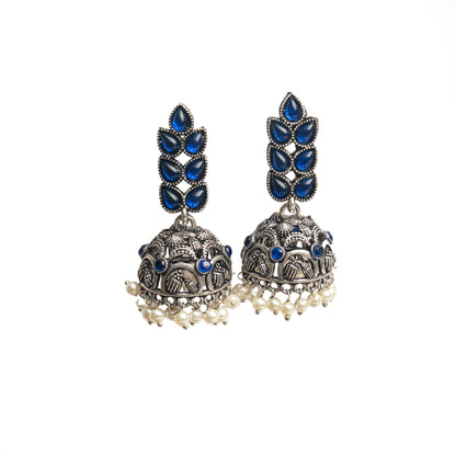 Blue Stone Studded German Silver Danglers With Stone Embedded Brass Jhumki