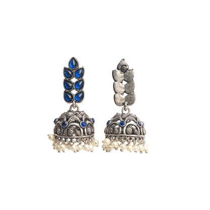 Blue Stone Studded German Silver Danglers With Stone Embedded Brass Jhumki