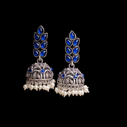 Blue Stone Studded German Silver Danglers With Stone Embedded Brass Jhumki
