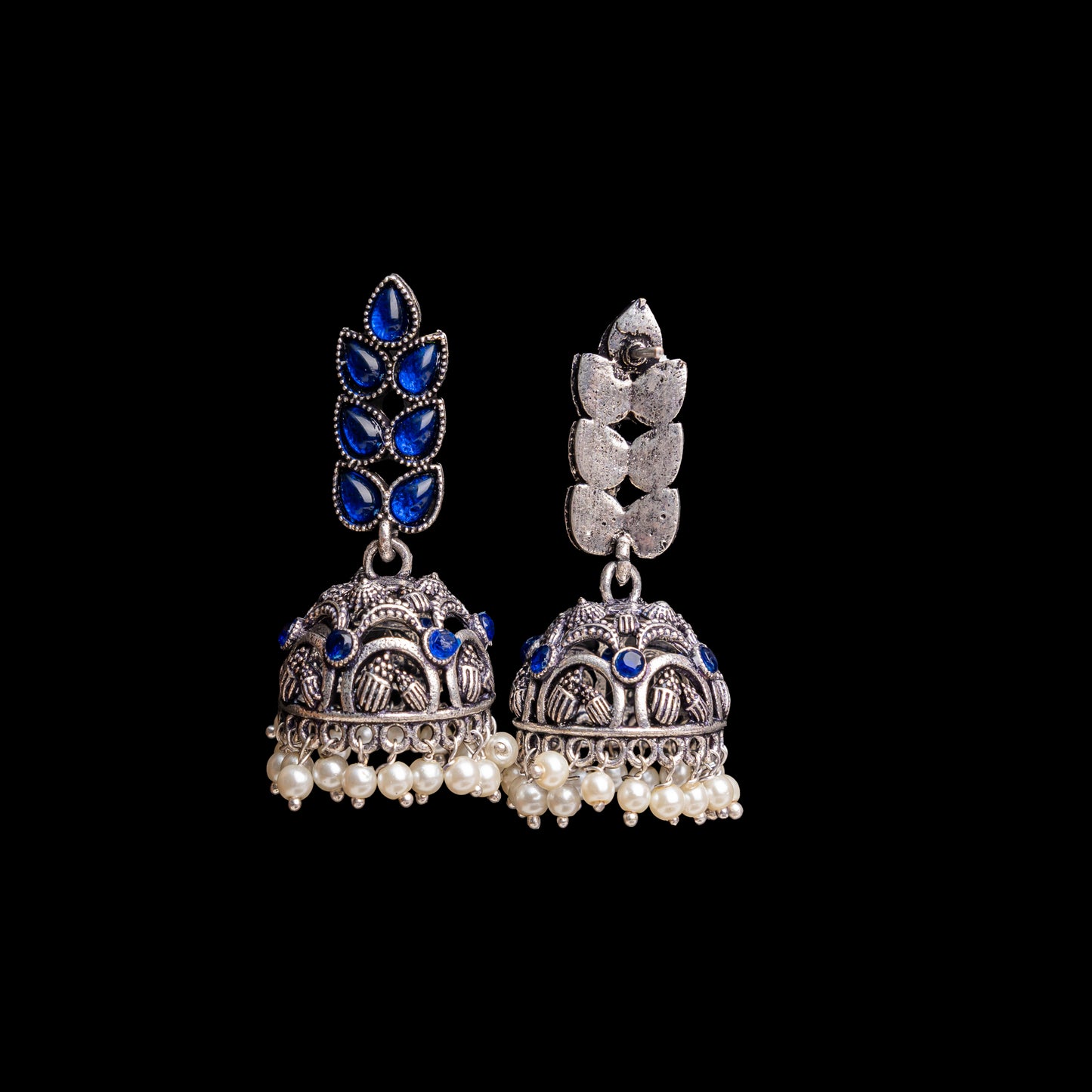 Blue Stone Studded German Silver Danglers With Stone Embedded Brass Jhumki