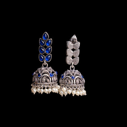 Blue Stone Studded German Silver Danglers With Stone Embedded Brass Jhumki
