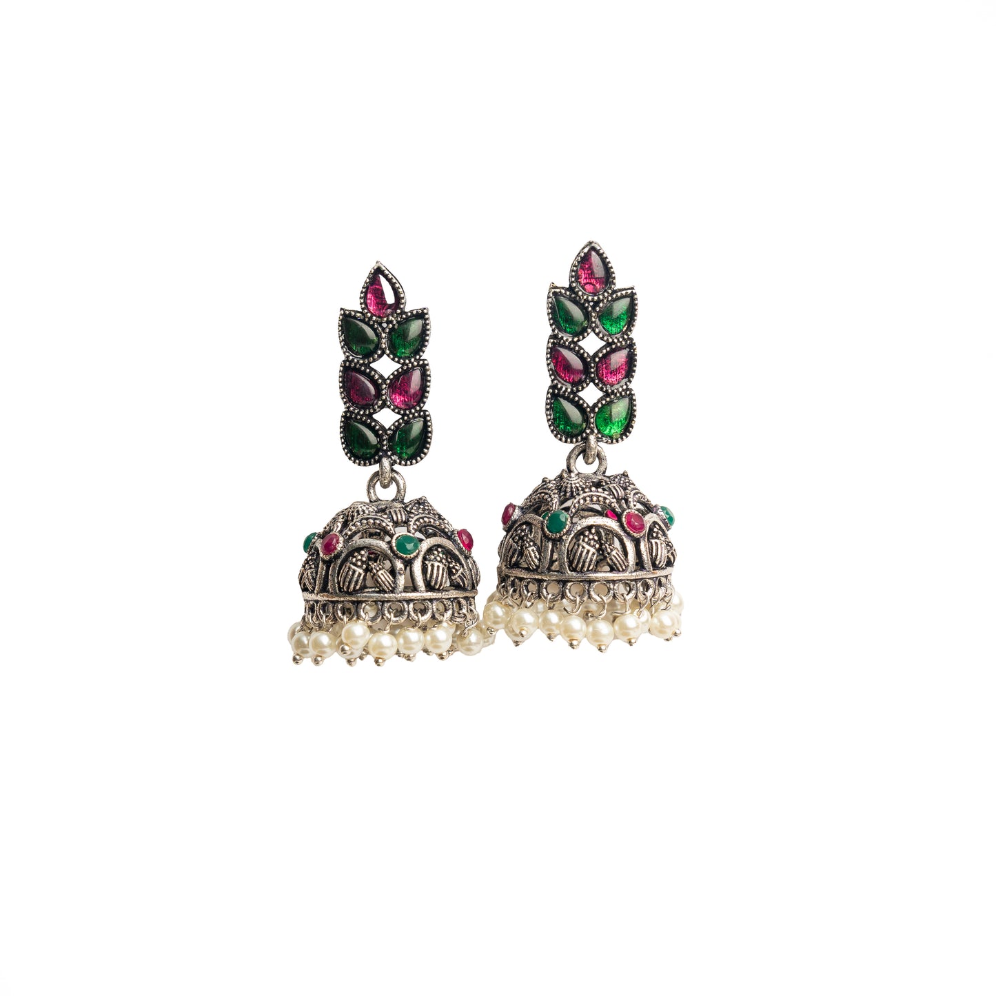 Multicolored Stone Studded German Silver Danglers With Stone Embedded Brass Jhumki