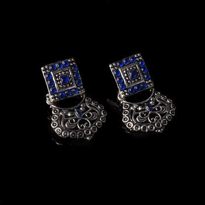 Blue Stone Studded Oxidised Earrings