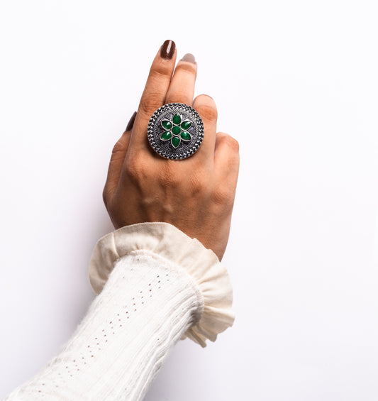 Green Stone Studded German Silver Adjustable Ring