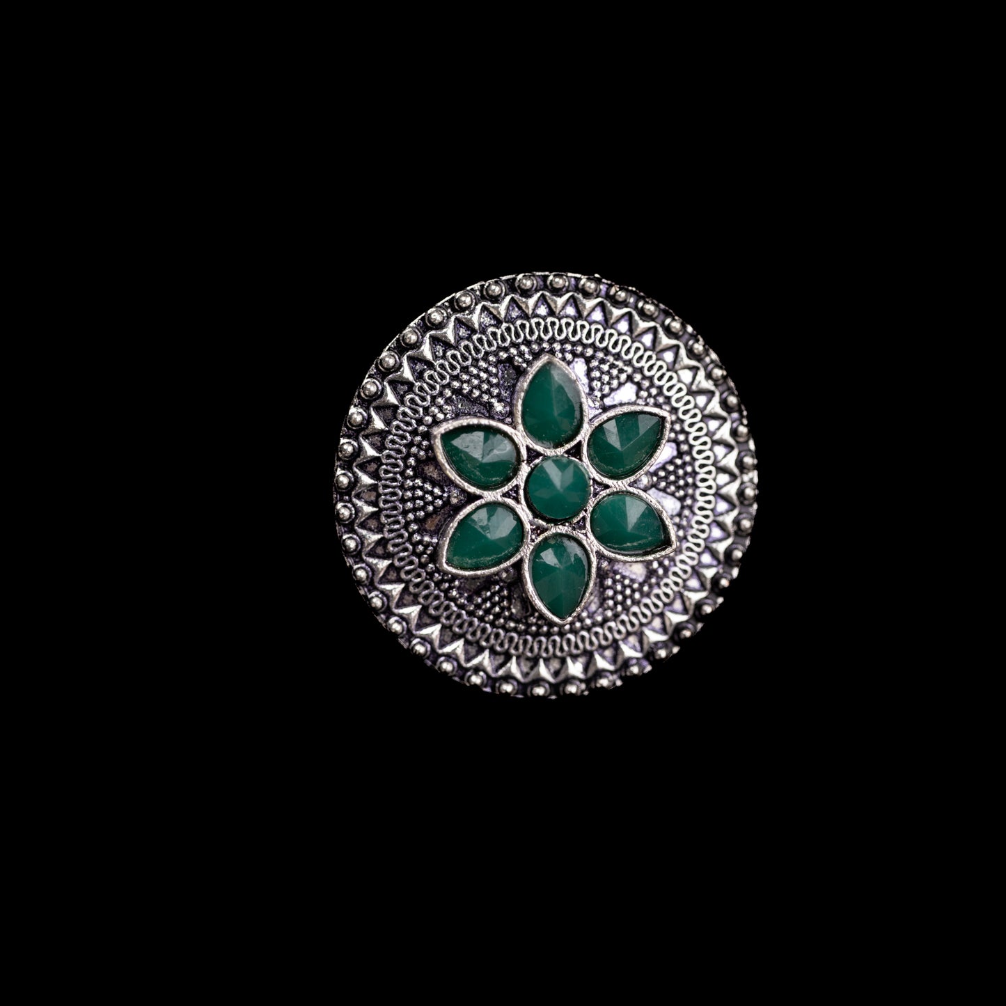 Green Stone Studded German Silver Adjustable Ring
