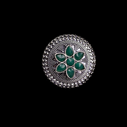 Green Stone Studded German Silver Adjustable Ring