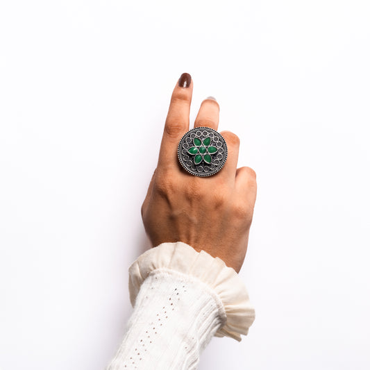 Green Stone Studded German Silver Adjustable Ring