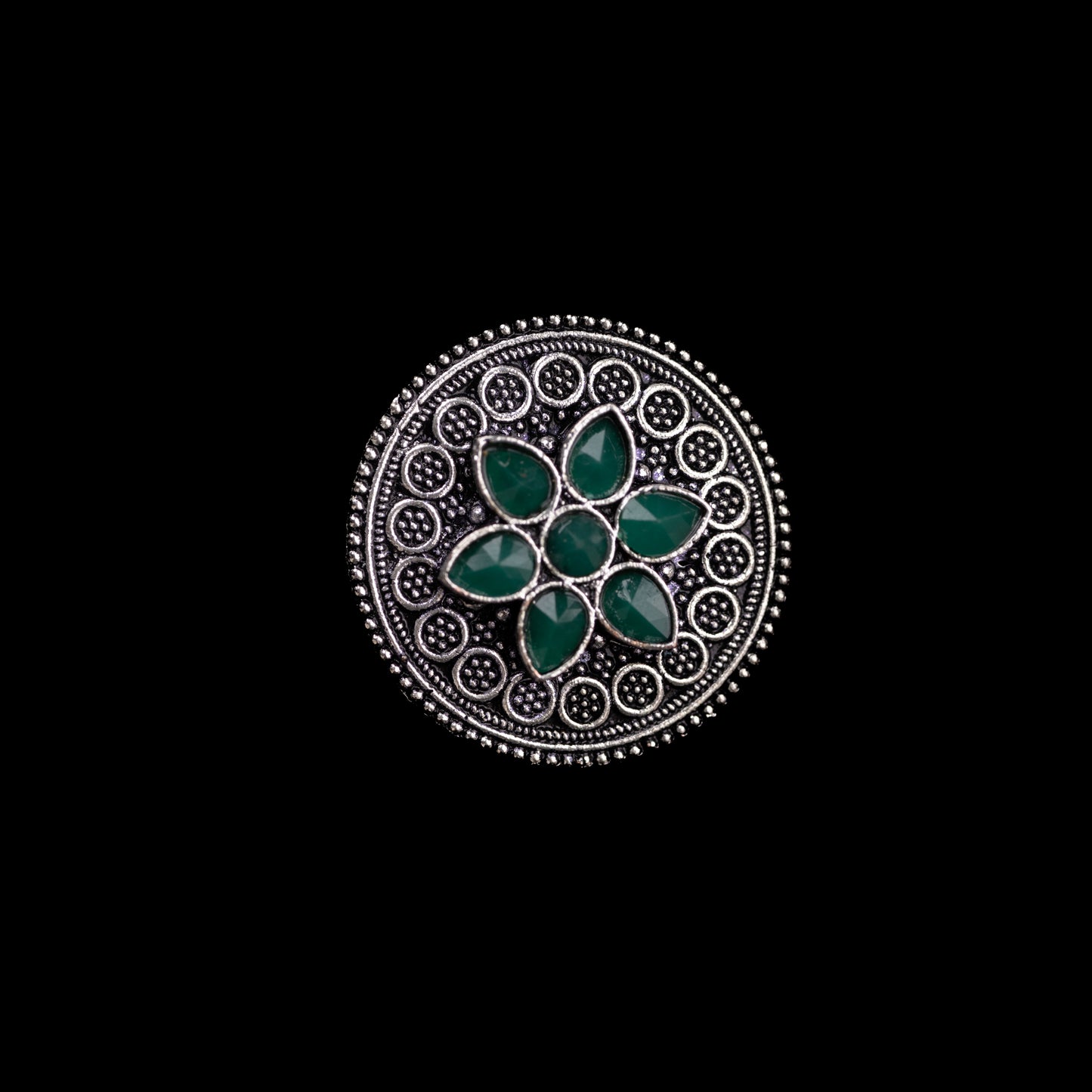 Green Stone Studded German Silver Adjustable Ring