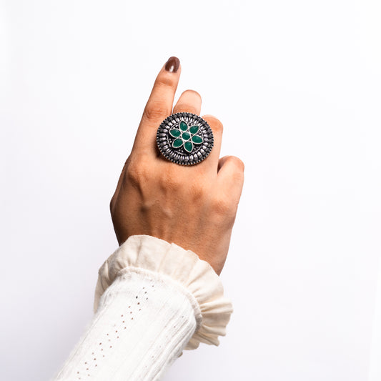 Green Stone Studded German Silver Adjustable Ring