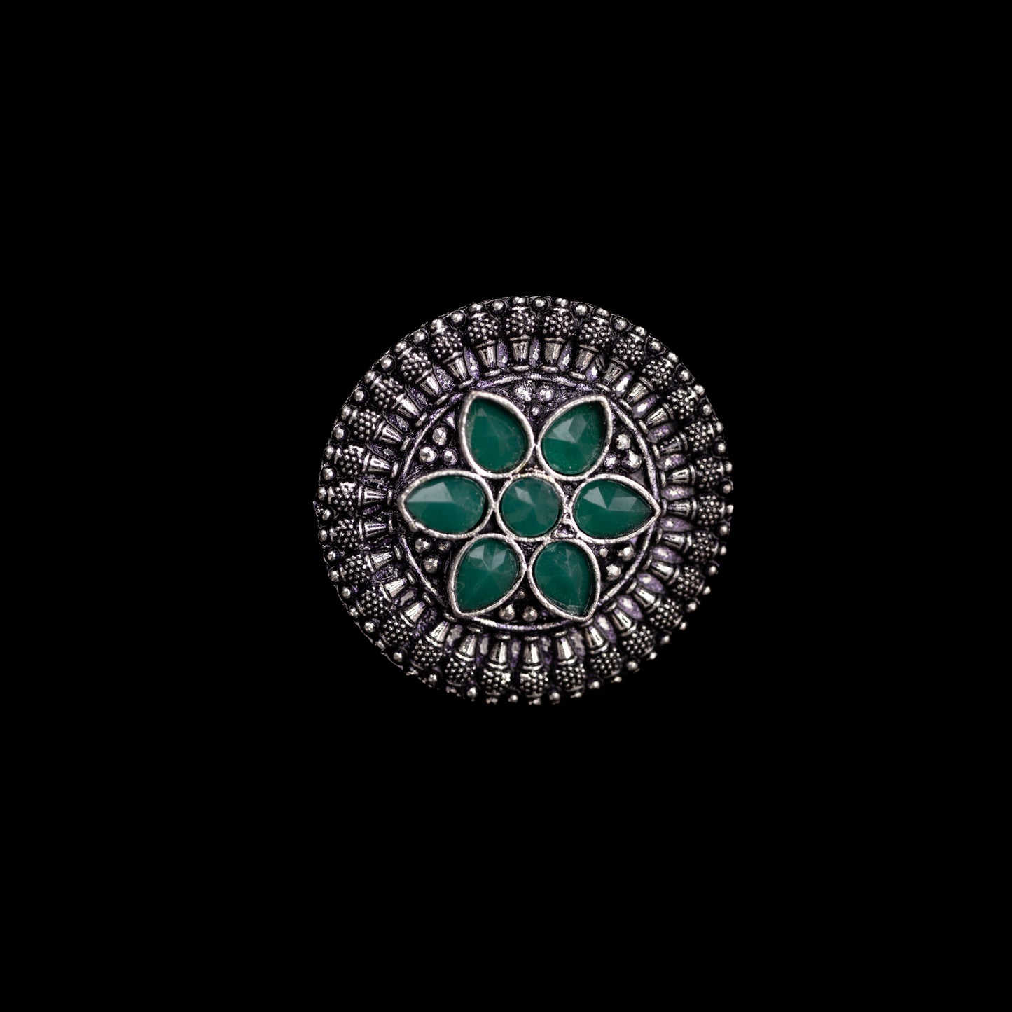 Green Stone Studded German Silver Adjustable Ring