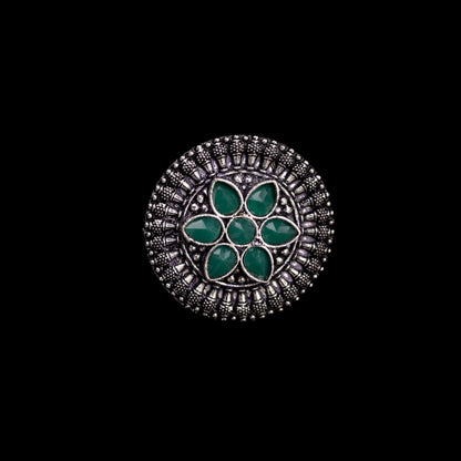 Green Stone Studded German Silver Adjustable Ring