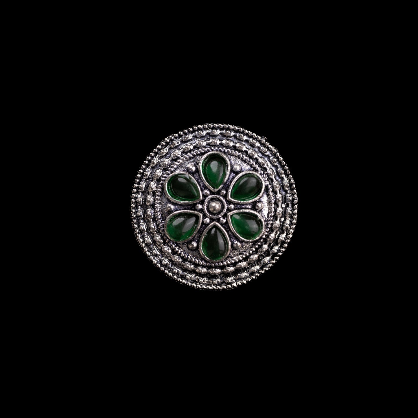 Green Stone Studded German Silver Adjustable Ring