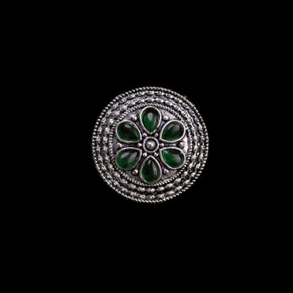 Green Stone Studded German Silver Adjustable Ring