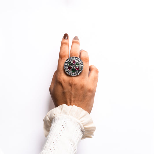 Multicolored Stone Studded German Silver Adjustable Ring