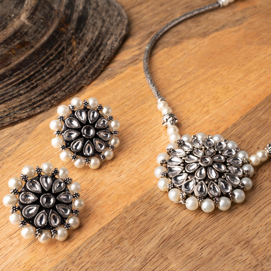 Stylish Brass Piped Neckpiece With Earrings Embellished With White Stone And Pearls