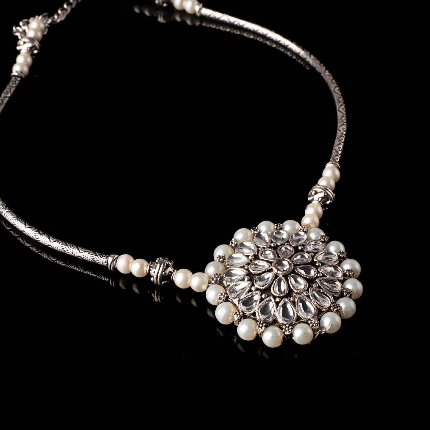 Stylish Brass Piped Neckpiece With Earrings Embellished With White Stone And Pearls