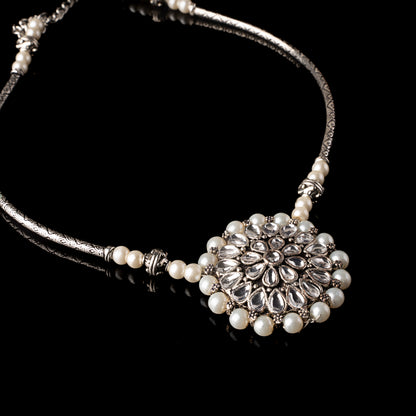 Stylish Brass Piped Neckpiece With Earrings Embellished With White Stone And Pearls