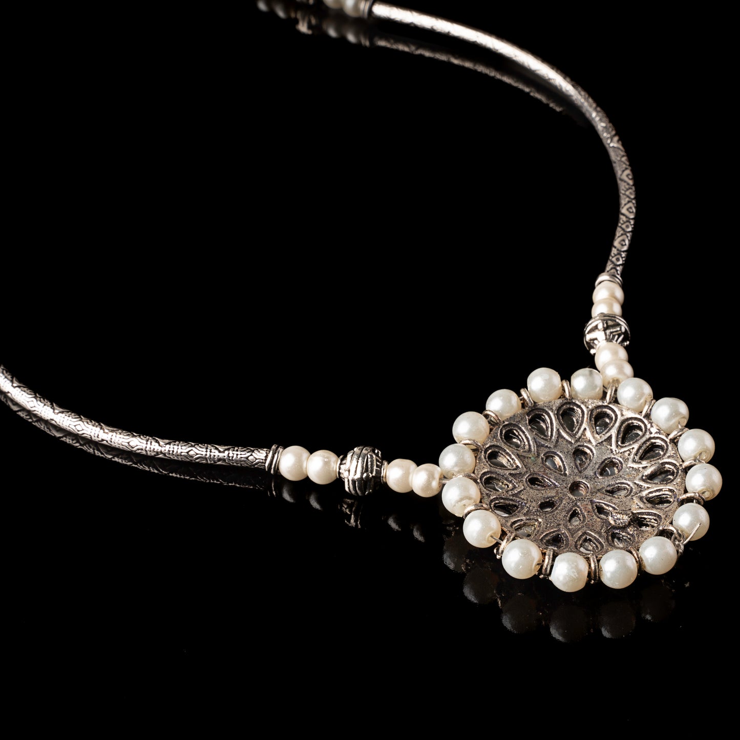 Stylish Brass Piped Neckpiece With Earrings Embellished With White Stone And Pearls