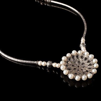 Stylish Brass Piped Neckpiece With Earrings Embellished With White Stone And Pearls