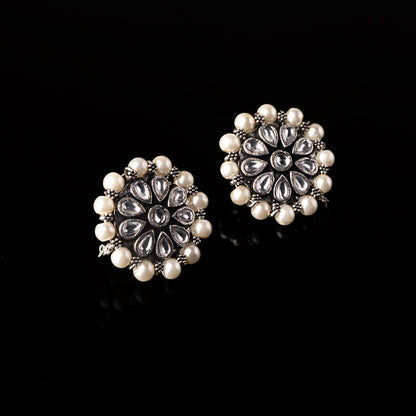 Stylish Brass Piped Neckpiece With Earrings Embellished With White Stone And Pearls