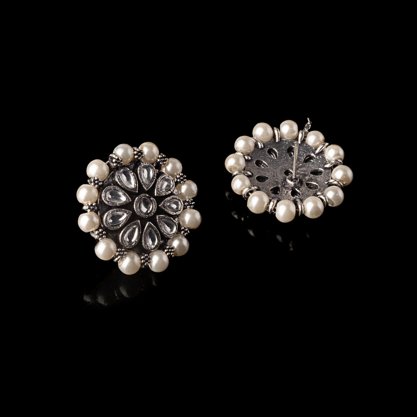 Stylish Brass Piped Neckpiece With Earrings Embellished With White Stone And Pearls