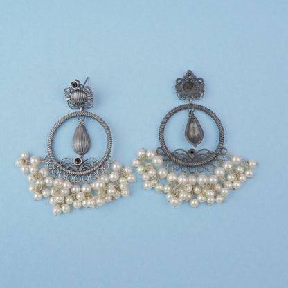 Black Stone studded Brass Silver look Statement Earrings