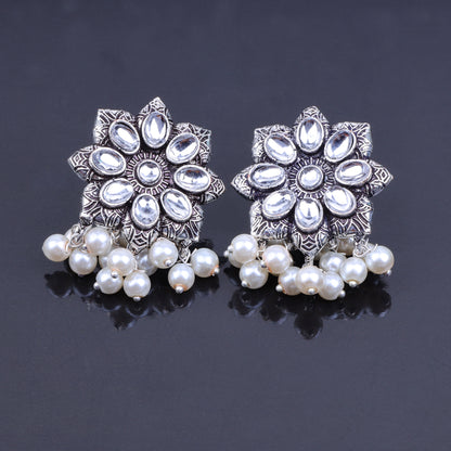 White Stone Studded Oxidised Earrings With Hanging Pearls