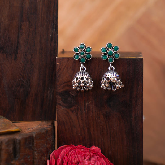 Green Stone Studded Oxidised Earrings With Hanging Jhumki