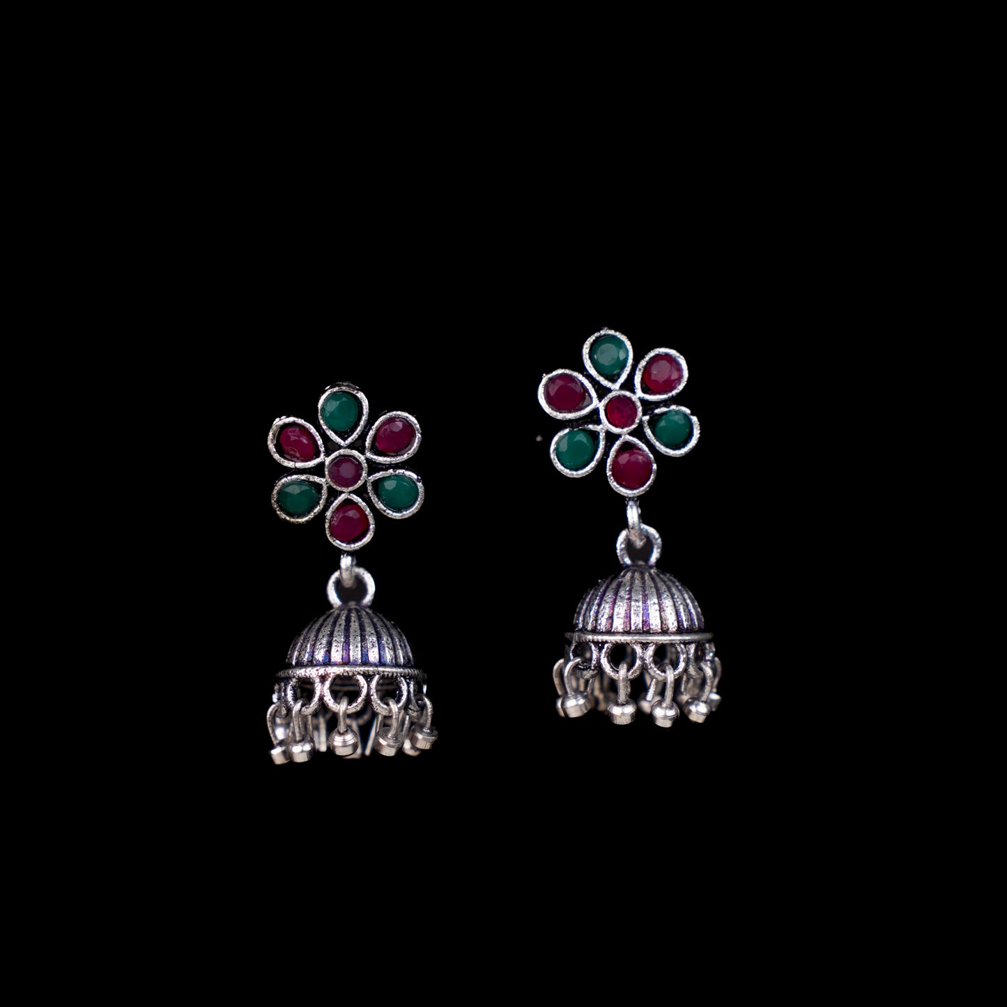 Multi Stone Studded Oxidised Earrings With Hanging Jhumki