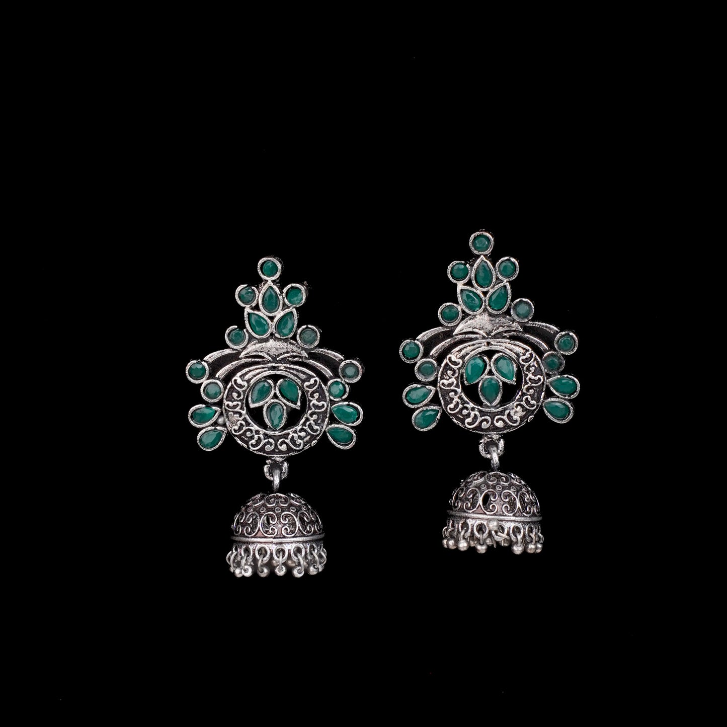 Green Stone Studded Oxidised Earrings With Hanging Jhumka