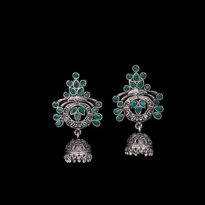 Green Stone Studded Oxidised Earrings With Hanging Jhumka