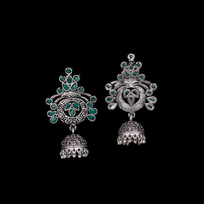 Green Stone Studded Oxidised Earrings With Hanging Jhumka