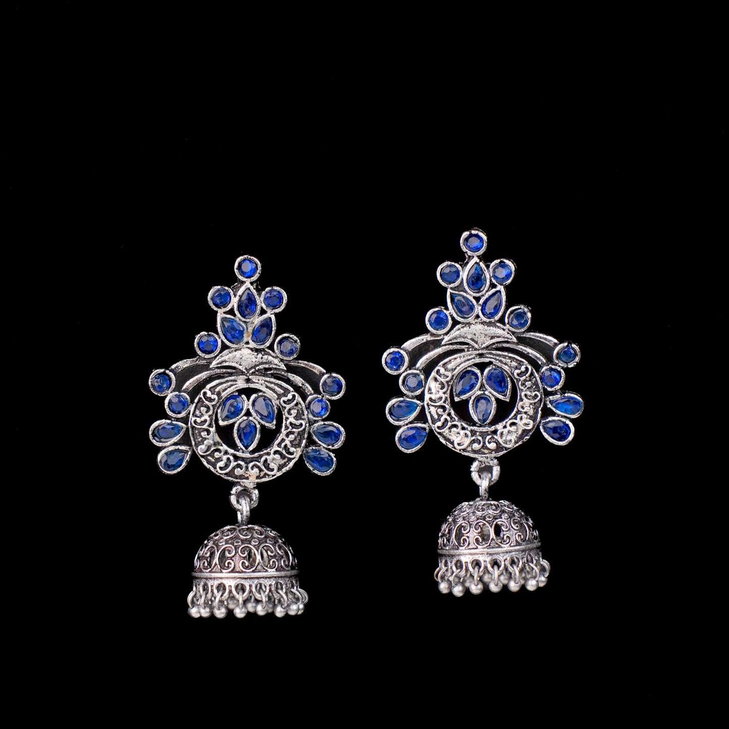 Blue Stone Studded Oxidised Earrings With Hanging Jhumka