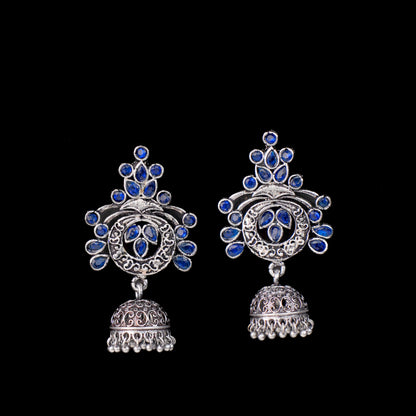 Blue Stone Studded Oxidised Earrings With Hanging Jhumka