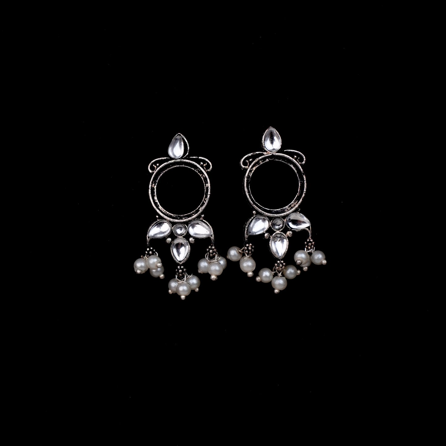 White Stone Studded Oxidised Earrings With Hanging Pearls