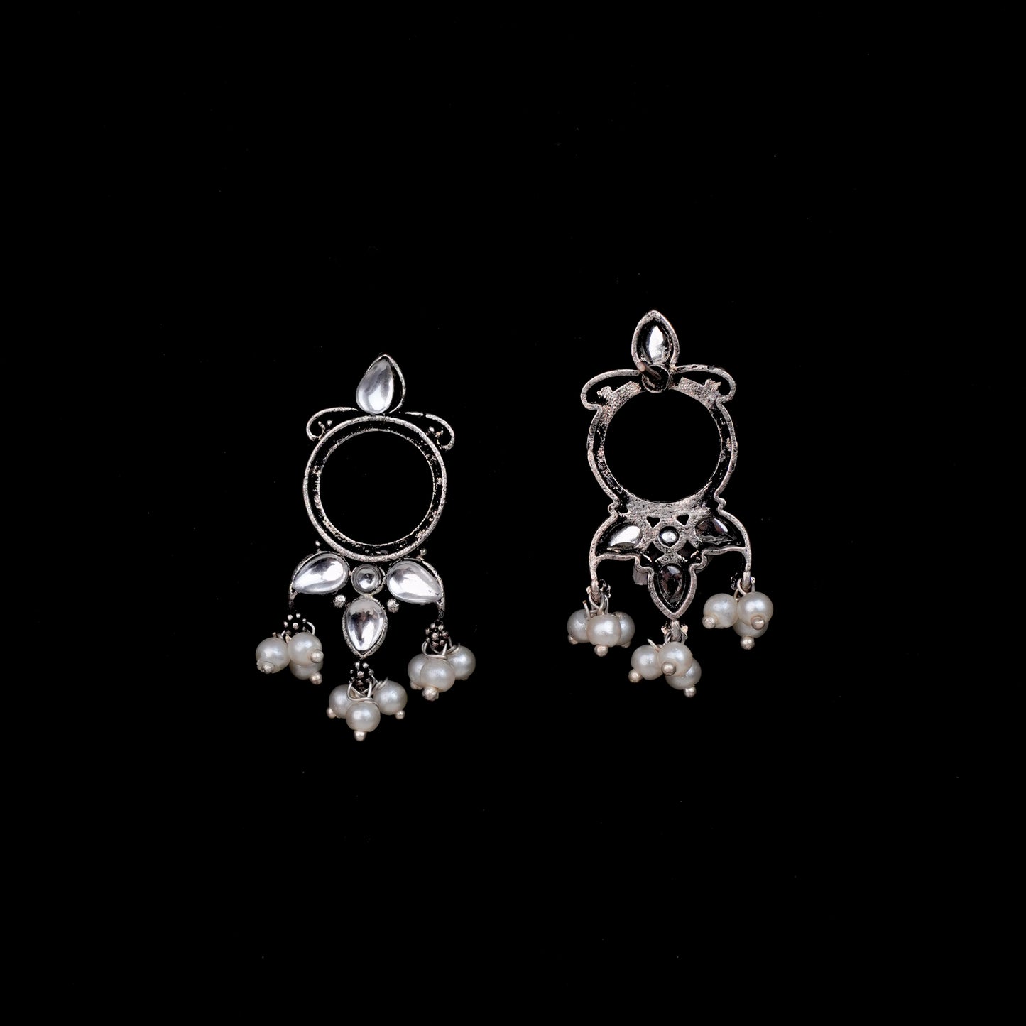 White Stone Studded Oxidised Earrings With Hanging Pearls
