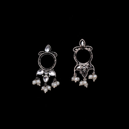White Stone Studded Oxidised Earrings With Hanging Pearls