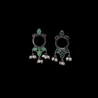 Pista Stone Studded Oxidised Earrings With Hanging Pearls