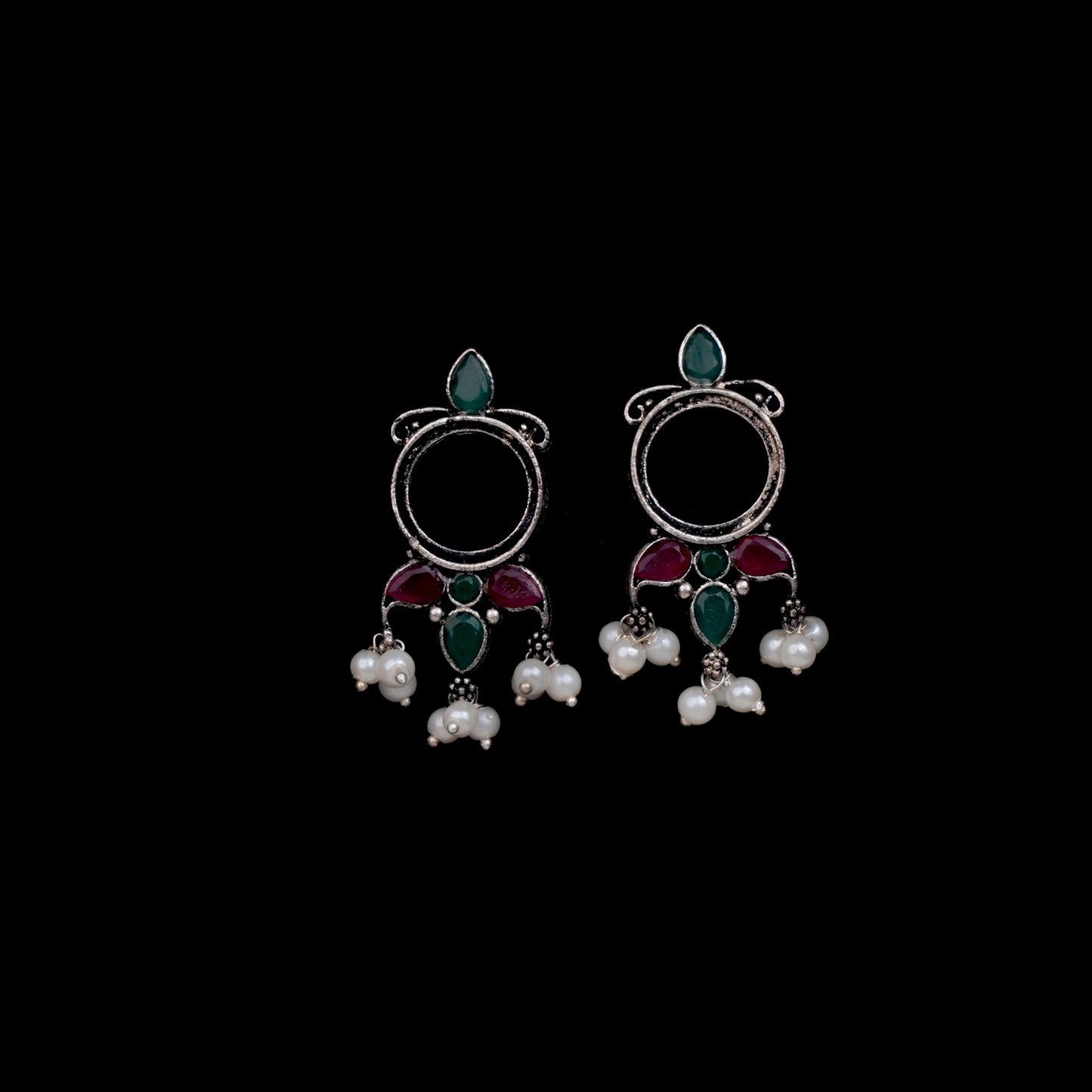 Multi Stone Studded Oxidised Earrings With Hanging Pearls