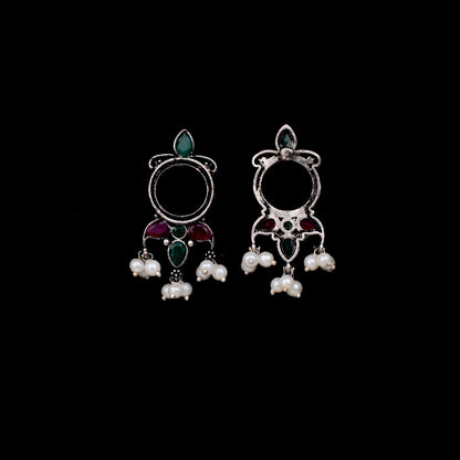 Multi Stone Studded Oxidised Earrings With Hanging Pearls