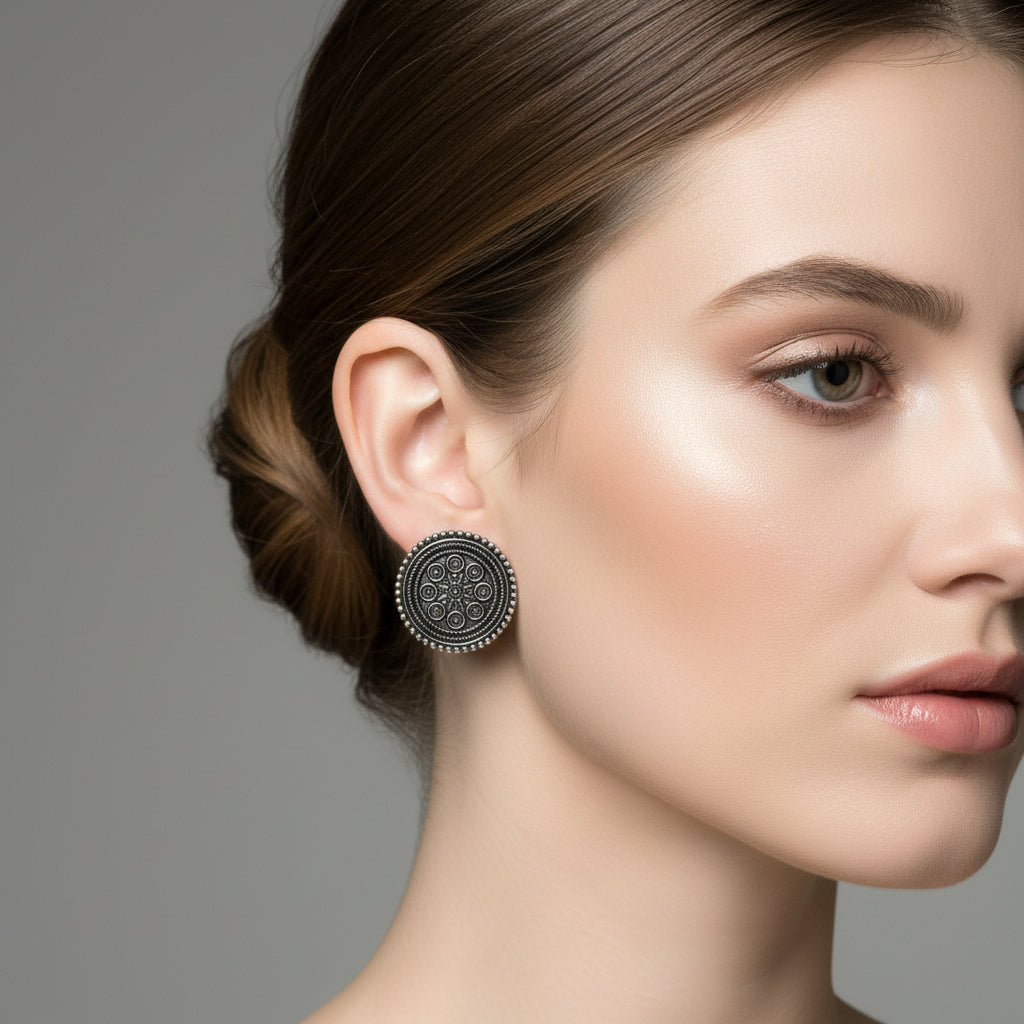 Oxidized Silver Mandala Stud Earrings