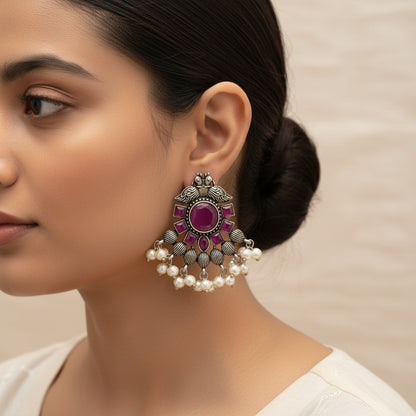 Gulratan Antique Pearl Drop Brooch Earring (Red)